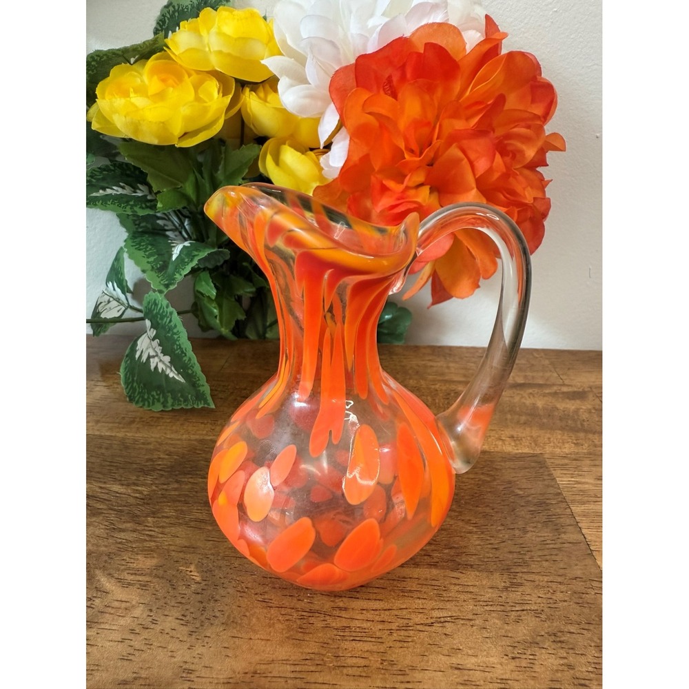 Murano Art Glass Orange Hand Blown Pitcher Vase Clear Handle Spatter‎ Pattern